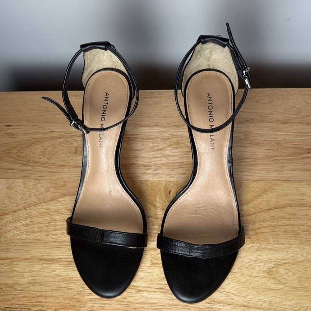 Antonio Melani Women’s Black Leather Sandal Heels Ankle Strap size 9 - Picture 2 of 6